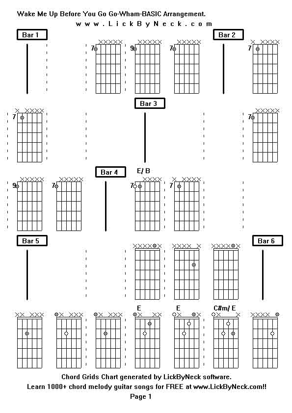Chord Grids Chart of chord melody fingerstyle guitar song-Wake Me Up Before You Go Go-Wham-BASIC Arrangement,generated by LickByNeck software.